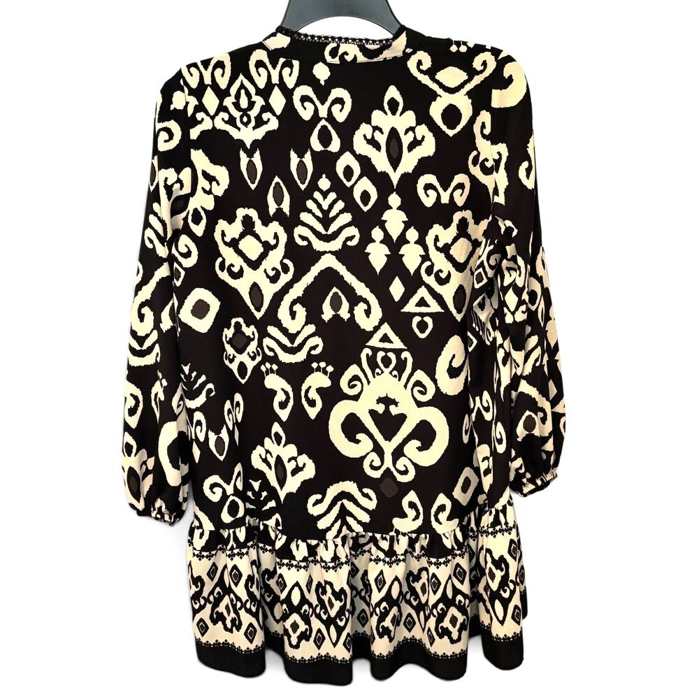 ZARA XS Black Cream Ikat Print Mini Dress Boho Peasant Ruffle Hem - Picture 3 of 10